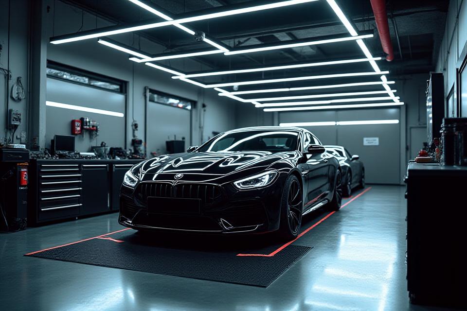 Un atelier de tuning automobile moderne et épuré avec des outils de haute technologie et une voiture partiellement modifiée, éclairé par des lumières néon, reflétant l'engagement de Nox Atelier envers la précision et la technologie.