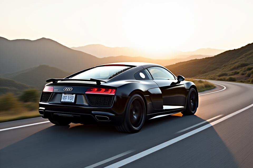 Audi R8 V10 noire sur route ouverte